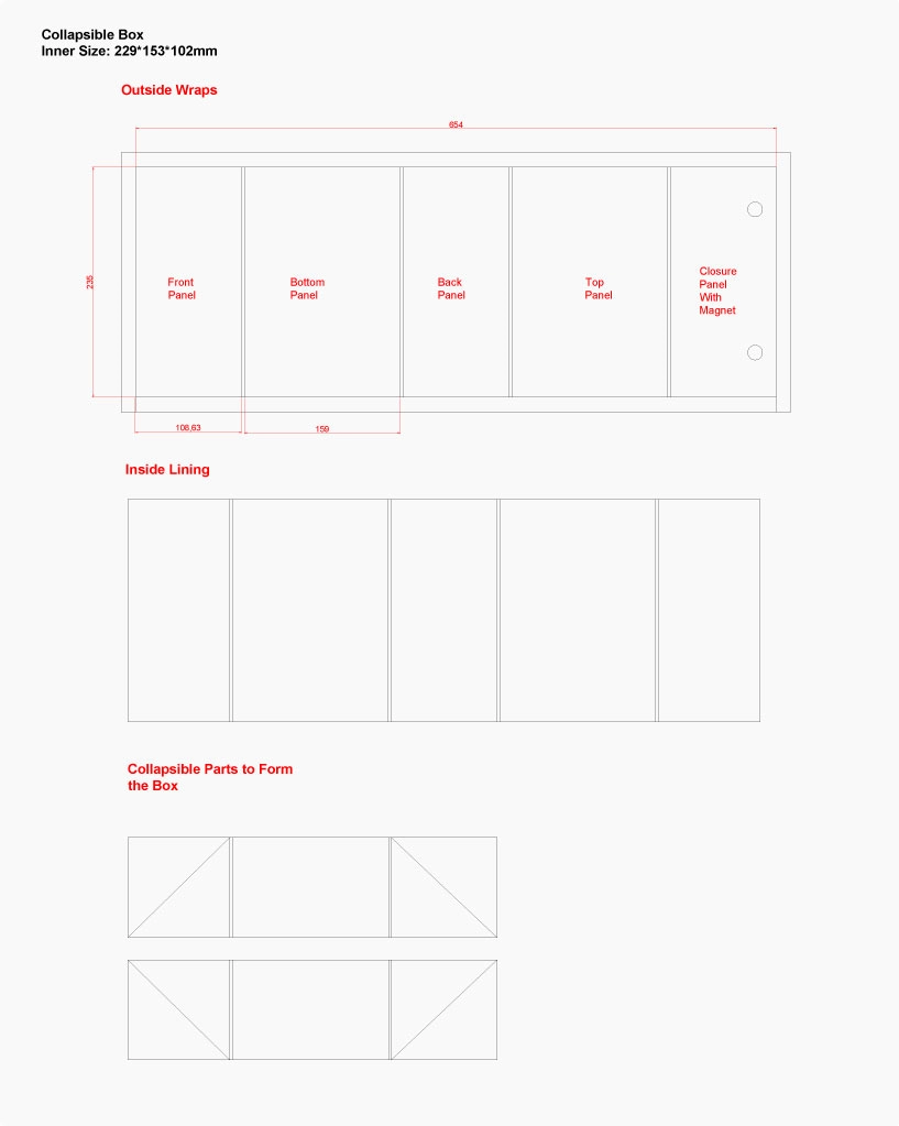 free dieline template for the collapsible rigid box, cardboard gift box
